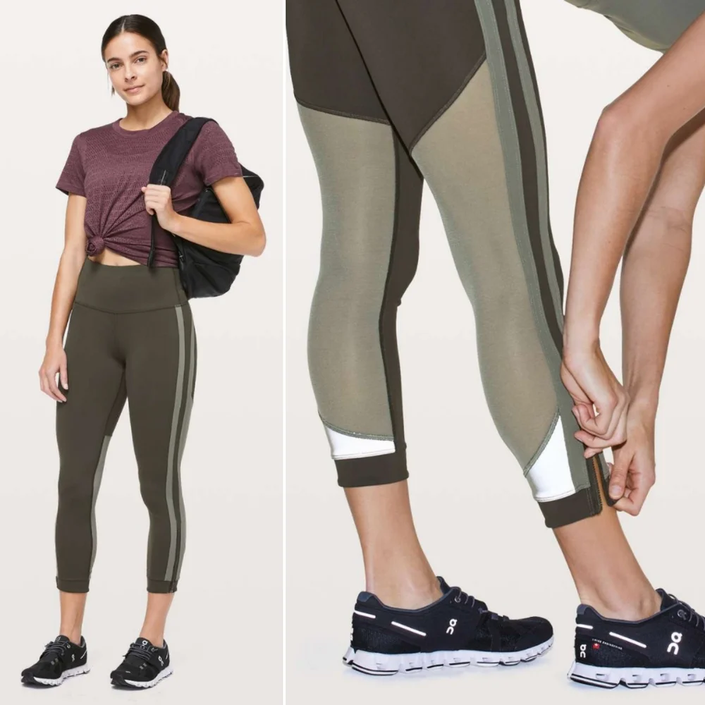 Lululemon Zip The Line Crop Leggings in Dark Olive / Grey Sage